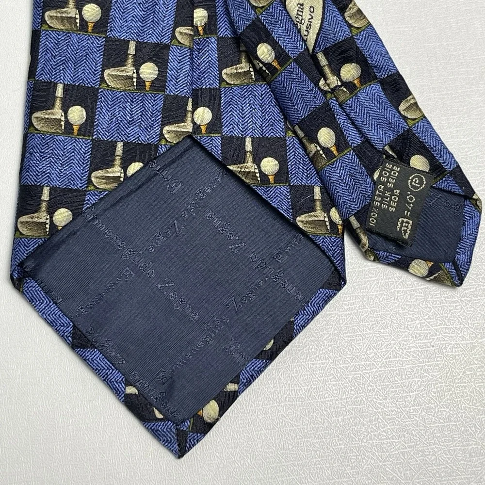 Ermenegildo Zegna 100% Silk Italy Seta Tie Golf Club Ball Blue Squares
